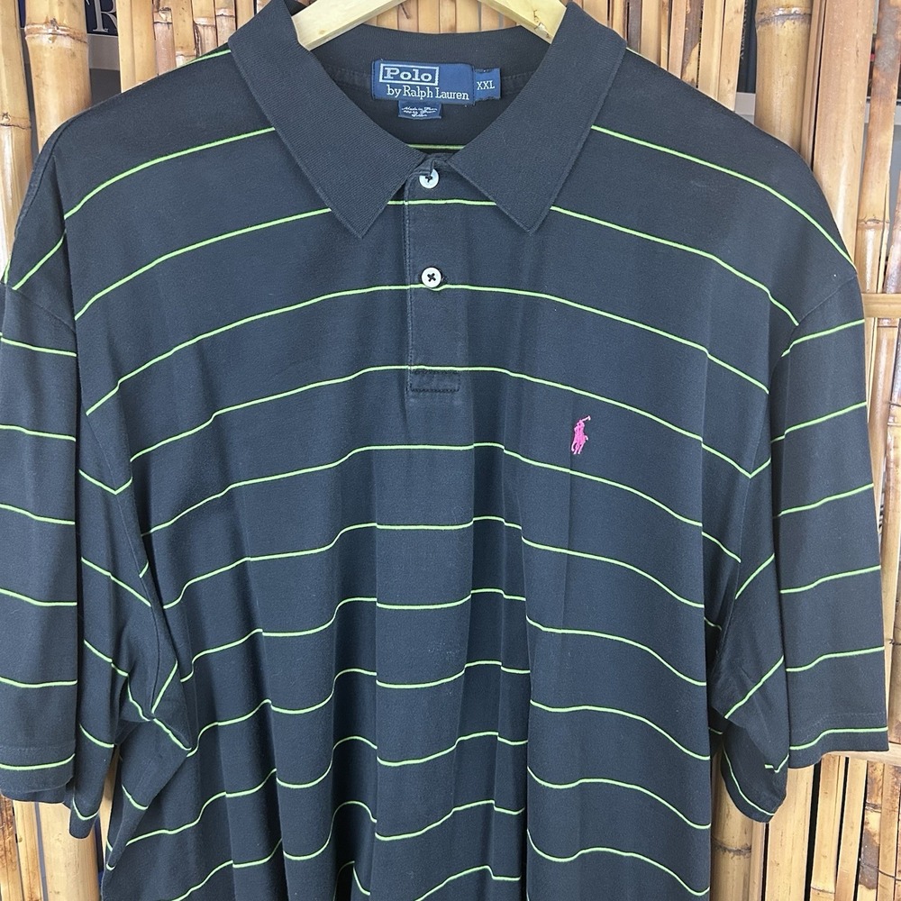 POLO Ralph Lauren Pima Cotton Black Green Stripe Pink Pony SS Preppy Shirt - XXL